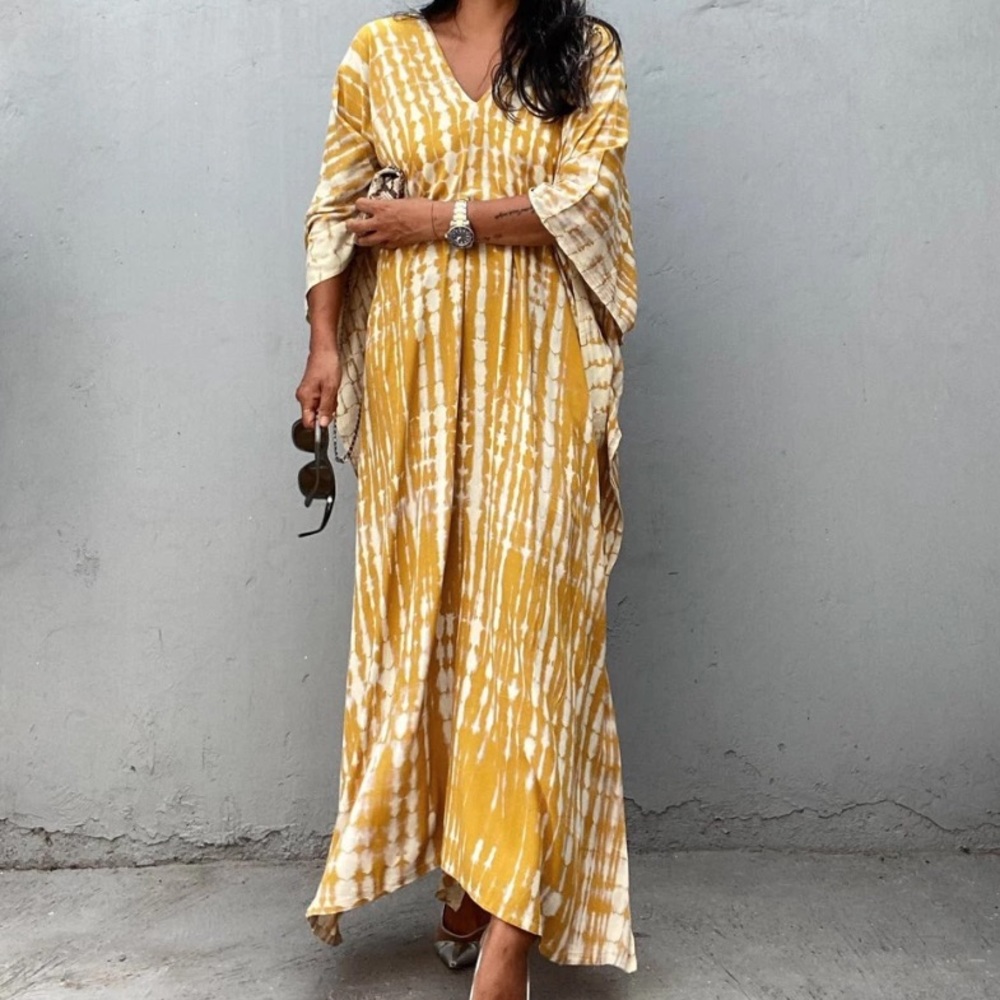 SOLD OUT New Mustard Bohemian Tie Dye Kaftan Kimono Dress - Picture 1 of 8